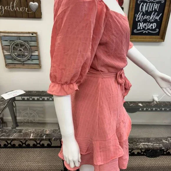 Pink Wrap Dress with Puff Sleeves & Layered Ruffle Hem – Feminine A‑Line Silhoue - Picture 6 of 7